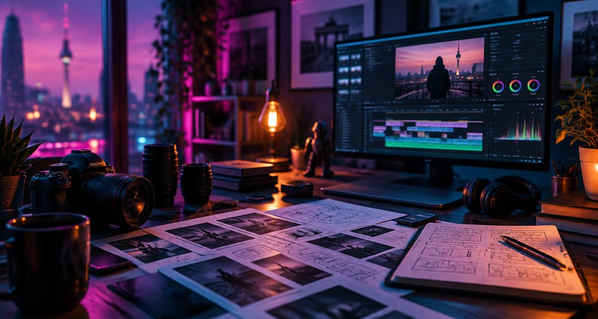 Kreativer Arbeitsplatz mit Kamera, Storyboard-Skizzen und Videoschnitt-Monitor im Synthwave-Licht